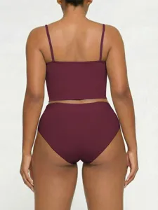 Detailed back view of the stylish burgundy women camisole and high waist briefs set.
