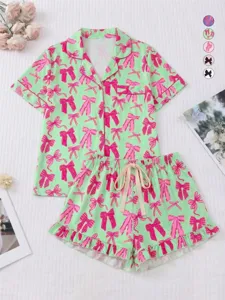 Set pigiama pantaloncini manica corta donna carino stampa fiocco rosa verde abbigliamento