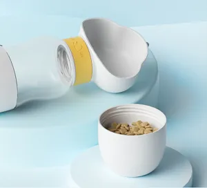 Detail view of portable pet water bottle and food cup set with dual container design in blue.