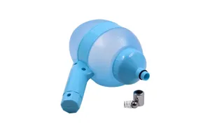 Close up of blue pet water dispenser bottle replacement parts, nozzle, ball and spring.
