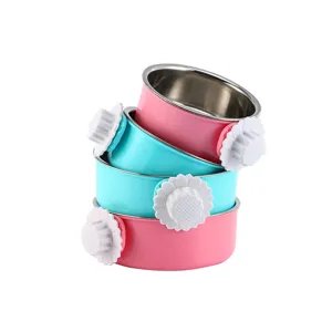 Hanging stainless steel pet bowl detail showing the secure flower fixing nut and stacked design.