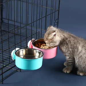 Hanging stainless steel pet bowl set for dog cages, anti-overturn design with secure fixing.