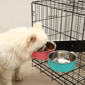 Hanging stainless steel pet bowl fixed on dog cage, durable dual color feeding bowl for cats dogs.