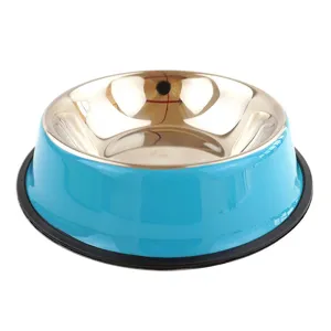 Stainless steel pet bowl with non-slip rubber base for dogs and cats, large size blue food dish
