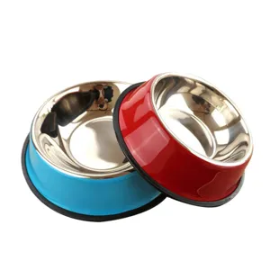 Stainless steel pet dog bowl cat bowl, anti-slip rubber base, colorful pet feeding food bowl.