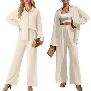 Damen Freizeit Zweiteiler Set Langarm Hemd Weites Bein Hose Loungewear Outfit Beige