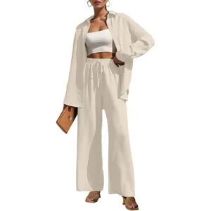 Damen lässiger Zweiteiler Langarmhemd und weite Hose, lockeres schickes Outfit