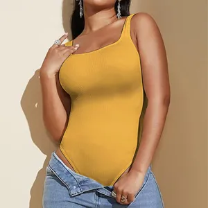 Body donna giallo costine senza maniche casual basic scollo rotondo tutina monopezzo