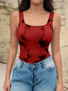 Body senza maniche con scollo quadrato tie-dye rosso per donna, vestibilità slim.