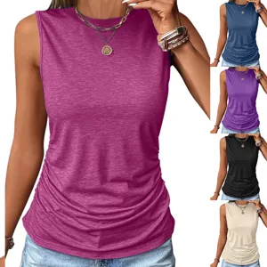 Women Summer Solid Color Sleeveless Vest Crew Neck Casual Tank Top Side Ruching Detail