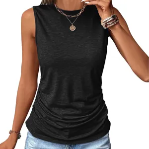 Women's summer solid color sleeveless tank top round neck knit slim fit ruched side top