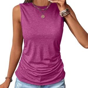 Sleeveless crewneck ruched casual slim fit solid tank top for women summer wear now.