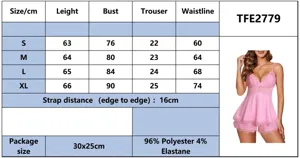 Size chart and details of the lace camisole sleepwear set, showing precise measurements.