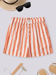 Women casual orange white striped high waist shorts with decorative buttons summer wear