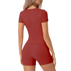 Damen Sommer Kurzarm Rippstrick T-Shirt und Shorts Freizeit Lounge Sport Outfit Set