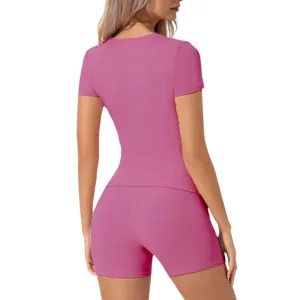 Damen rosa Kurzarm Modal Homewear Set Sommer Freizeit Sportbekleidung Rücken Detailansicht