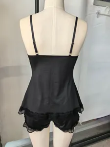 Black lace trim camisole and shorts pajama set for women, comfortable homewear sleepwear.