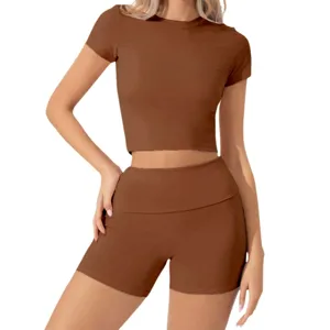 Damen Freizeit Set aus Kurzarm Crop Top und Shorts, elastische Modal Sport- und Loungewear.