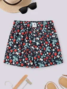 Women summer casual shorts cute strawberry print elastic high waist fashion holiday beach apparel