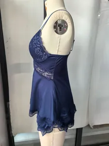 Dark blue satin lace camisole and shorts sleepwear set, comfortable two-piece nightwear.
