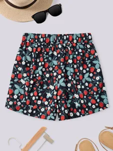 Women summer casual high waist loose wide leg shorts with cute red strawberry botanical print.
