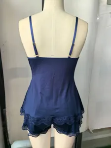 Blue lace camisole and shorts sleepwear set, comfortable loungewear for women daily wear.