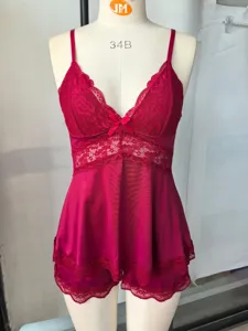 Red lace camisole sleepwear set sexy two piece loungewear comfortable top and shorts.