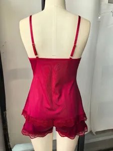 Red lace camisole and shorts pajama set, back view detail showcasing delicate lace trim.