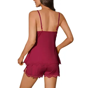 Comfortable burgundy lace camisole and shorts sleepwear set, back view detail shot.