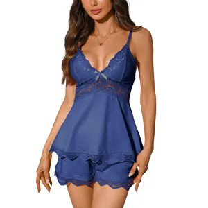 Blue lace trim camisole and shorts sleepwear set, comfortable satin pajama loungewear.