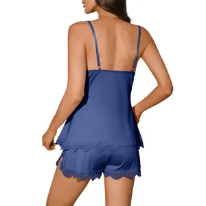Blue satin camisole and shorts pajama set with delicate lace trim detail for comfortable home wear.