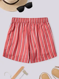 Detailed view of women casual striped summer shorts, high waist wide leg design for comfort.