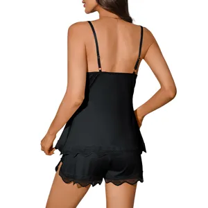 Details of black lace camisole pajamas set showing back view with delicate lace trim design.