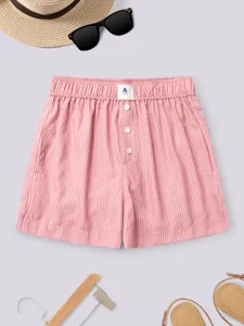 Pink white striped women's casual shorts high waist loose wide leg summer fashion beachwear