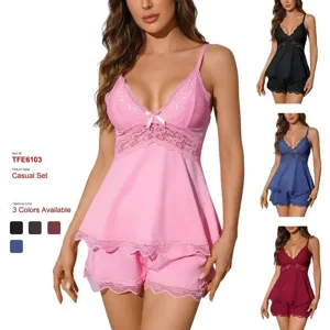 Women Sexy Satin Lace Trim Camisole Top And Shorts Loungewear Set V Neck Sleeveless Two Piece Pajama Sleepwear