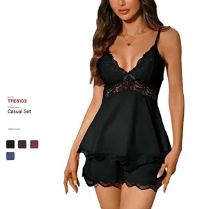 Comfortable lace camisole and shorts sleepwear set, elegant two-piece casual loungewear.