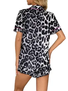 Leopard print short sleeve pajama set for women, smooth loungewear detail view, breathable fabric.