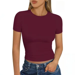 T-shirt corta slim a maniche corte e collo rotondo da donna, top basic estivo tinta unita.