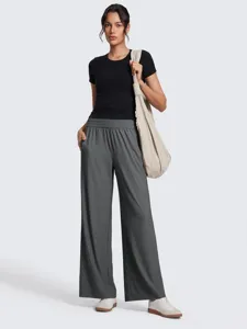 High-waist casual wide-leg trousers detail view, solid color comfortable daily wear pants.