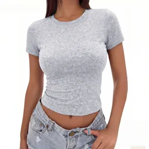 Solid color crew neck basic slim fit short sleeve cropped T-shirt for women summer basic top