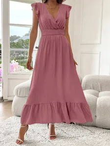 Elegante vestido largo de verano para mujer con cuello en V manga corta y volante