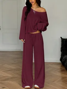 Casual off-shoulder long sleeve top and wide-leg pants lounge set in rich deep red.