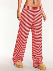 Y2K red white striped wide leg pants casual drawstring loose trousers for women summer