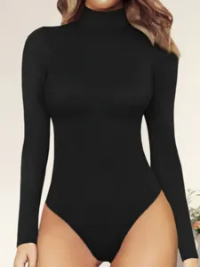 Black mock neck long sleeve bodysuit for women, slim fit stretch knit top apparel detail view.