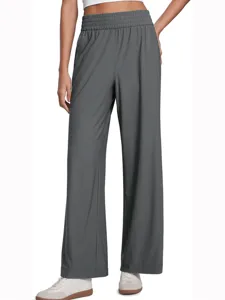 Close-up detail of women's high waist wide leg lounge pants in dark grey solid color casual style.