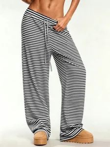 Y2K casual striped trousers for women, loose drawstring wide-leg pants, chic summer streetwear.