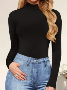 Close-up detail view of the black mock neck long sleeve bodysuit showing fabric and fit.