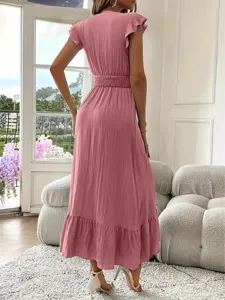 Vestido largo mujer verano manga corta rosa elegante dobladillo volantes casual espalda