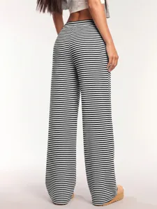 Y2K casual striped wide-leg pants for women, stylish drawstring high waist straight trousers.