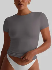 Elegante maglietta da donna a maniche corte slim fit tinta unita collo rotondo estate